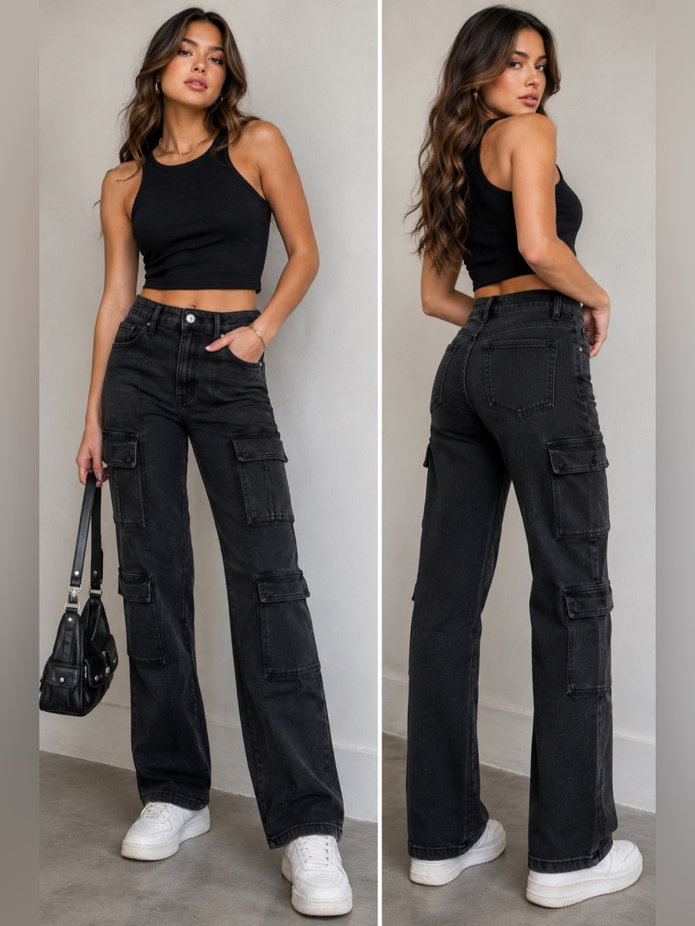 Hidden Los Angeles Tracey Cargo Jeans Sz 25 Black High Rise Utility Straight Leg